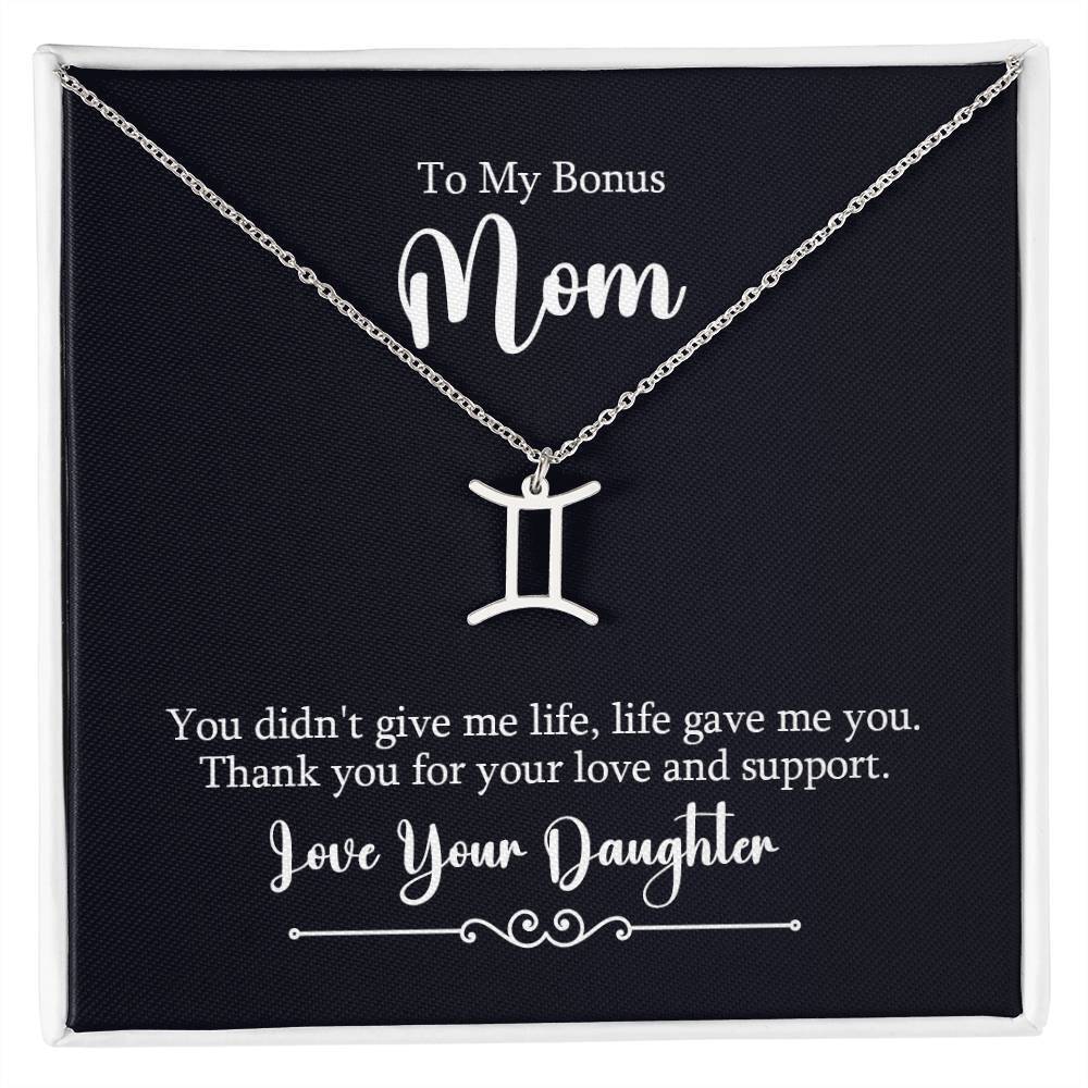 To My Bonus Mom Life Gave Me You Gemini Zodiac Necklace Silver Tone Standard Box
